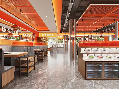 Modern Hotpot Restaurant Interior With Dining Tables Fresh Ingredients Display And Bright Lighting 3d model