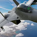 Two fighter jets flying in blue sky with white clouds and coastal ocean view below