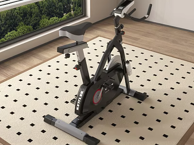 Exercise Bike On Square Pattern Mat In Room With Wooden Floor And Green Trees View 3d model