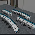 Modern office desk and chair sets with curved design multiple monitors and black chairs