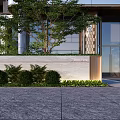 Modern Stone Feature Wall Design With Green Bushes And Building Entrance Lighting