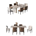 Modern Rectangular Dining Table Set with Marble Top Brown White Chairs and Black Legs 3d model