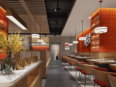 Modern Mall Restaurant Interior With Orange Walls Wooden Counter Hanging Lights Tables And Chairs 3d model