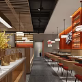 Modern Mall Restaurant Interior With Orange Walls Wooden Counter Hanging Lights Tables And Chairs