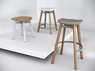 Three Modern Bar Stools Featuring Wooden Seats And Metal Frames On White Platform 3d model