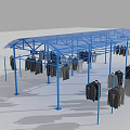 Blue Metal Clothes Rack Structure With Hanging Clothes In Open Area 3d model