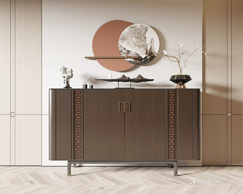 Dark Brown Wooden Entryway Side Cabinet With Metal Details Decorative Items And Circular Wall Art 3d model 