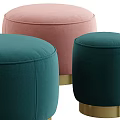 Teal and Pink Velvet Round Ottomans with Gold Metal Bases for Living Room