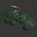 Military Tank Loaded on Camouflage Truck with Six Wheels and Rocket Launcher