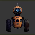 Orange Toy Robot With Large Textured Wheels And Blue Camera Lens