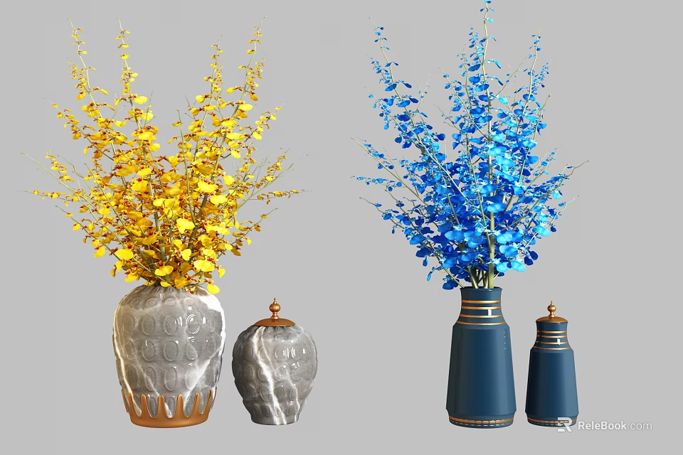 Gray Textured Vase With Yellow Flowers And Navy Blue Vase With Blue Flowers 3d model 