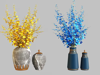 Gray Textured Vase With Yellow Flowers And Navy Blue Vase With Blue Flowers 3d model