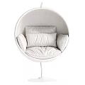 Round Golden Frame Hanging Chair With White Cushions And Gray Blanket