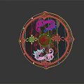 Ancient Decorative Shield with Intricate Dragon Patterns Red Gold Accents Brass Rivets Wooden Surface