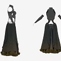 Elegant Black Long Dress with Intricate Shoulder Design and Ornate Hem Decorations