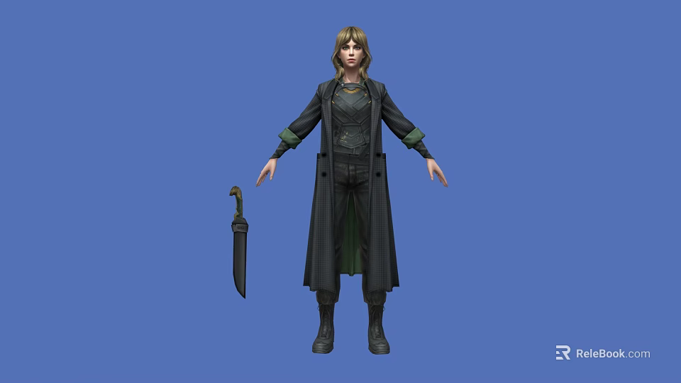 Stylish Woman In Black Long Coat With Green Lining Holding Umbrella On Blue Background 3d model 