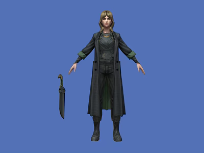 Stylish Woman In Black Long Coat With Green Lining Holding Umbrella On Blue Background 3d model