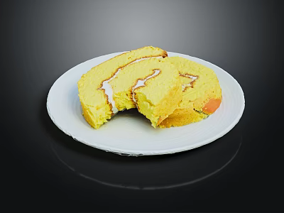 Delicious Soft Sliced Yellow Cake Roll With Cream Filling On White Plate 3d model