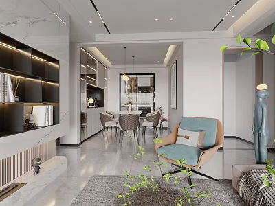 Modern Living Dining Room Interior With Comfortable Sofa Dining Chairs Green Plants And Marble Accents 3d model