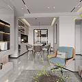 Modern Living Dining Room Interior With Comfortable Sofa Dining Chairs Green Plants And Marble Accents