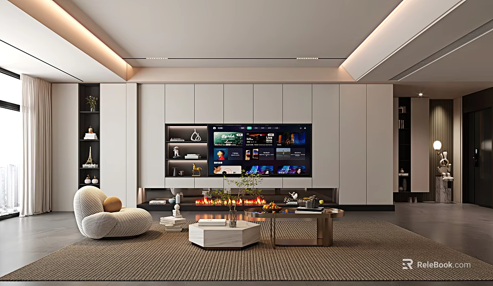Modern Living And Dining Area Interior With Large TV Fireplace And Cozy Sofa 3d model 