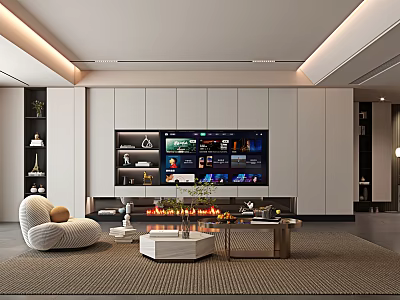 Modern Living And Dining Area Interior With Large TV Fireplace And Cozy Sofa 3d model