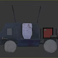 Blue Industrial Cart With Rusted Metal Roof Storage Boxes And Large Wheels