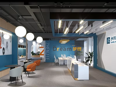Modern Office Reception Area With White Desk Pendant Lights Orange Chairs And Potted Plants 3d model