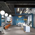 Modern Office Reception Area With White Desk Pendant Lights Orange Chairs And Potted Plants