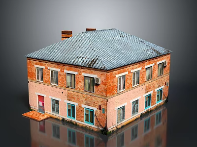 Vintage Red Brick Building Exterior With Gray Roof Red Door Multiple Windows And Chimney 3d model