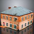 Vintage Red Brick Building Exterior With Gray Roof Red Door Multiple Windows And Chimney