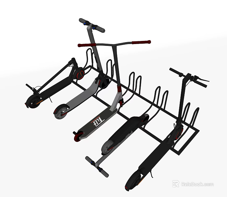 Electric Scooters Parked on Metal Storage Rack with Secure Stand and Durable Structure 3d model