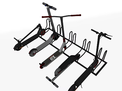 Electric Scooters Parked on Metal Storage Rack with Secure Stand and Durable Structure 3d model