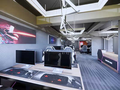 Modern Gaming Internet Cafe Interior With Computers On Desks Wall Art And Ceiling Lighting 3d model