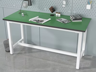 Practical Functional Desk With Green Tabletop White Legs Lamp Magazines Books And Pegboard Wall 3d model