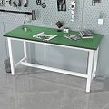 Practical Functional Desk With Green Tabletop White Legs Lamp Magazines Books And Pegboard Wall
