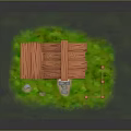 Cartoon Style Small Cottage With Thatched Roof Porch White Walls And Wooden Fence