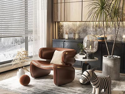 Modern Brown Leather Leisure Chair With Window Side Table Rug And Green Plants 3d model