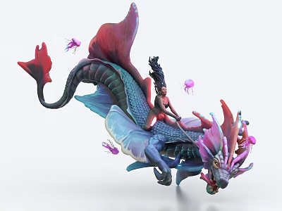 Colorful Dragon Like Creature With Rider Flying Among Glowing Jellyfish 3d model