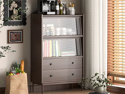 Wooden Sideboard with Glass Doors Books Decorative Items by Window Blinds Plants and Wall Art 3d model
