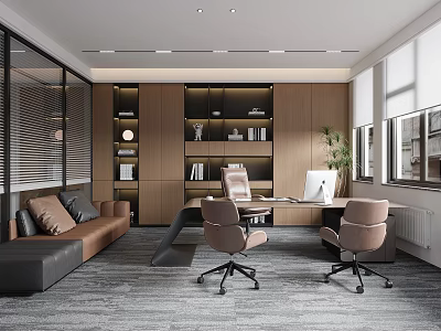 Modern Open Office Interior With Sofa Desk Bookshelves Computer Windows And Plants 3d model