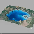 Natural Scenic View Of Blue Volcanic Crater Lake With Green Surroundings And Small Island
