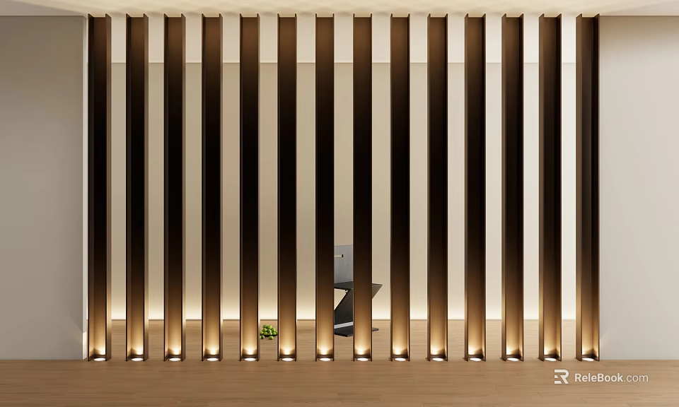 Modern Room Partition with Vertical Wooden Slats and LED Lighting Design 3d model 