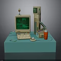 Vintage Computer Setup With Monitor Keyboard Printer And Soda Bottle On Blue Platform