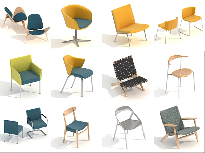 Modern Accent Chairs In Multiple Styles With Colorful Upholstery And Metal Wooden Legs 3d model