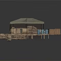 Outdoor Market Stall With Canvas Canopy Wooden Crates Sacks And Tables