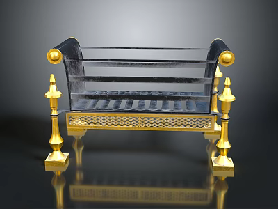 Elegant Ornate Transparent Crystal Bench With Golden Legs And Ball Decorations 3d model
