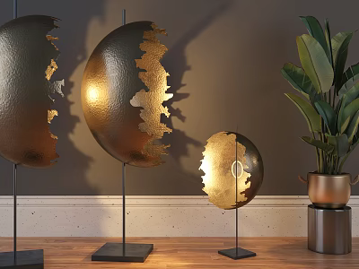 Modern Golden Perforated Floor Lamps With Light Shadows And Green Plant On Wooden Floor 3d model