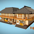 Cartoon Scene Featuring Two Traditional Houses With Black Roofs Wooden Balconies And Blue Background