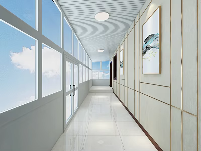 Bright Elevator Hallway With Large Windows Ceiling Lights White Tiled Floor And Decorative Paintings 3d model